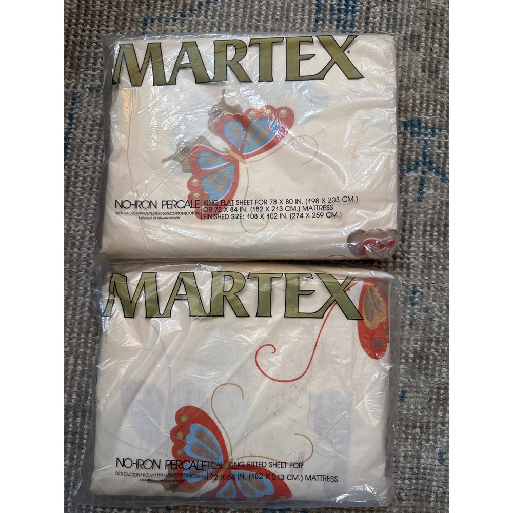 Vintage Martex Volante Butterfly King Flat & Cal King Fitted Sheet Set NOS 70s